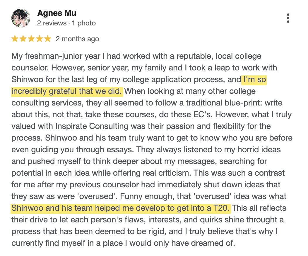 Google review from Agnes Mu, T20 result