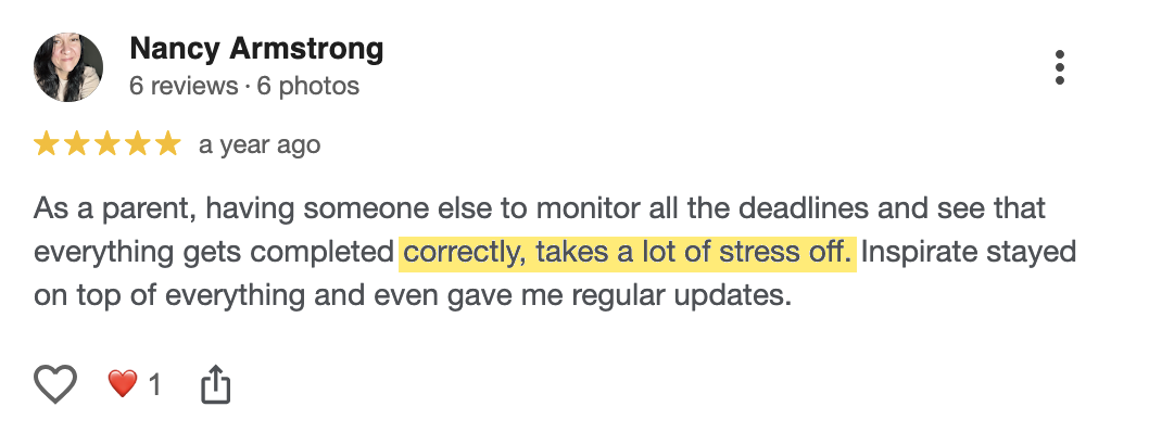 Google review from Nancy Armstrong, parent