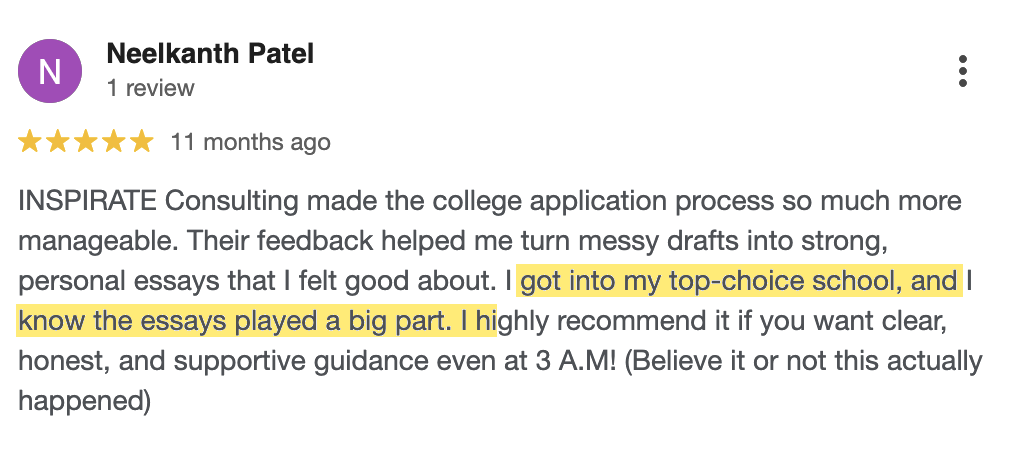 Google review from Neelkanth Patel, admitted to top-choice school