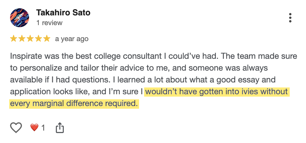 Google review from Takahiro Sato, admitted to Ivy League schools
