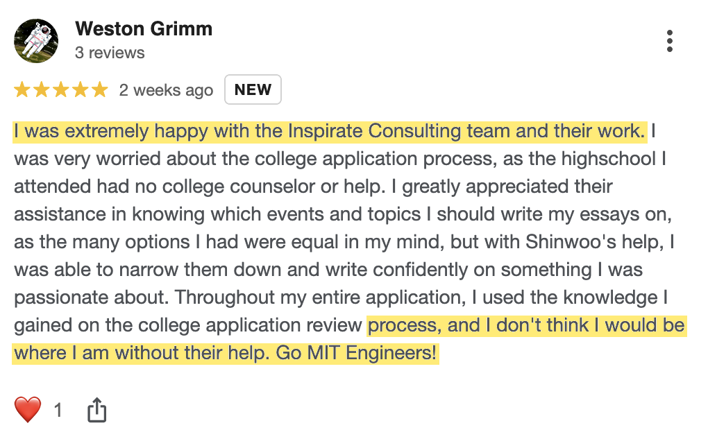 Google review from Weston Grimm, admitted to MIT